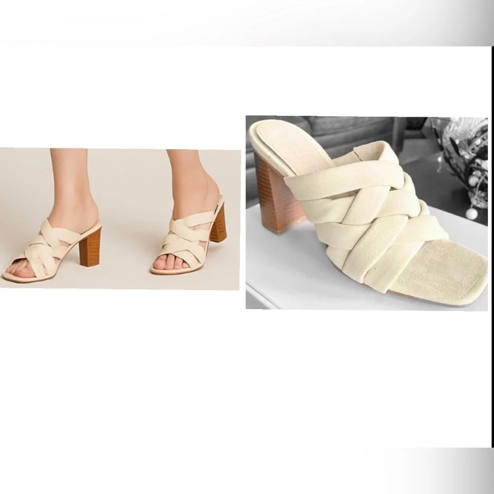 Andy Braided Slip On Mule Heel Shoes Strap cream ivory women heels